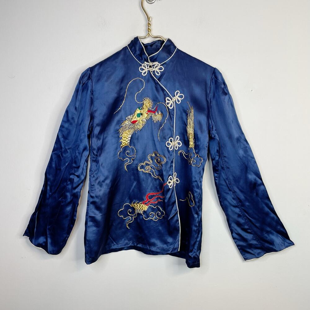 Vintage Blue Silky Satin Asian Chinese Embroidered Dragon Long Sleeve Jacket Top